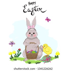 Easter bunny with basket in his hands and little chick on egg.