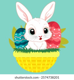 Easter bunny in a basket on a blue background