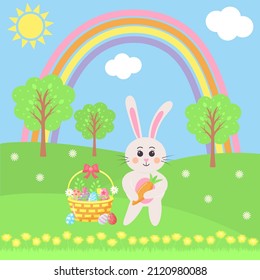 Easter bunny with basket of painted eggs on the meadow. Sunny spring landscape with rainbow, trees, dandelions and daisies. Happy Easter greeting card. Vector illustration.