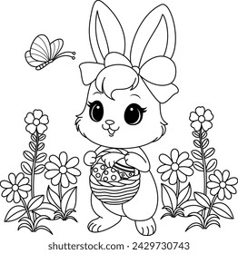 Easter bunny with basket of painted eggs coloring page for kids