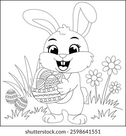 Easter bunny with basket of painted eggs coloring page for kids