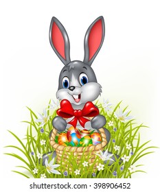 A Easter bunny with a basket of painted Easter eggs