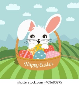 Easter bunny with a basket of painted Easter eggs