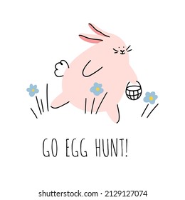 Easter bunny with basket in its paw is running in grass to egg hunt. Good for greeting cards, banners, invitations, flyers.