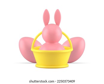 Easter bunny in basket with pink painted eggs Christianity holiday decor 3d icon realistic vector illustration. Hare rabbit religious festive bauble minimal animal character long ears painted eggshell