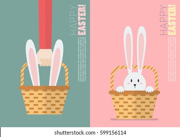 Easter bunny in basket postcard. Easter greeting card