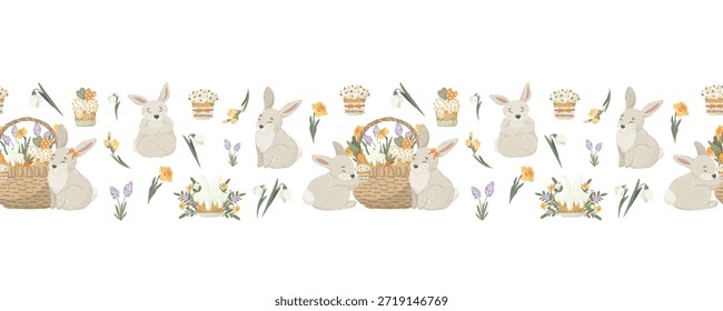 Conejo de Pascua y cesta de borde sin fisuras con flores. Vector dibujado a mano carácter de conejo con flores de primavera y pasteles festivos para tarjetas de felicitación y decoración de vivero