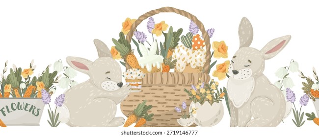 Conejo de Pascua y cesta de borde sin fisuras con flores. Vector dibujado a mano carácter de conejo con flores de primavera y pasteles festivos para tarjetas de felicitación y decoración de vivero