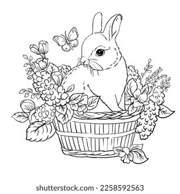 Easter bunny in a basket with spring flowers coloring book