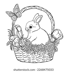 Ostersonnige in einem Korb mit Frühlingsblumenfarbenbuch