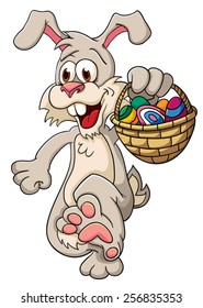 Easter bunny with a basket in which Easter eggs. Illustration with simple gradients.