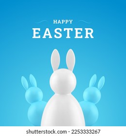 Easter bunny bauble congratulations 3d social media post rabbit festive design template realistic vector illustration. Hare toy tumbler blue white animal character Christianity holiday celebration