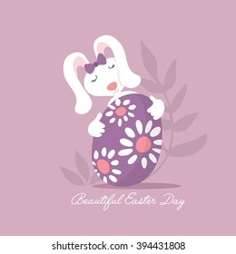 Easter Bunny with beautiful egg decoration print design/ Floral compositions vector illustrations/ Rabbit character with background design