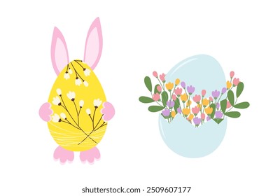 Osterhase hinter dekorativem Ei und Blumenstrauß in geknackter Eierschale 2er-Set Einzeldesign