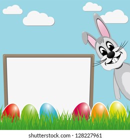 easter bunny behind signboard colorful eggs
