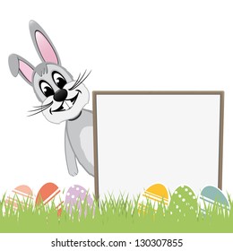 easter bunny behind signboard colorful eggs