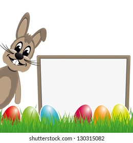 easter bunny behind signboard colorful eggs