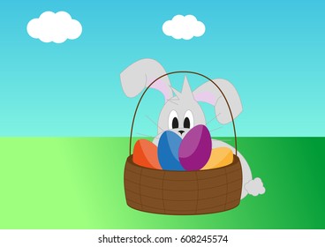Easter Bunny With Big Basket Full Of Colored Eggs