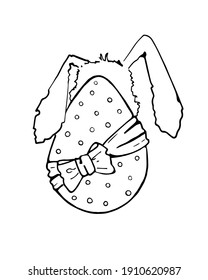 Ein Osterhase mit großen Ohren versteckt sich hinter einem Ei in Form eines Geschenks mit einer Schleife. Vektorgrafik einzeln auf weißem Hintergrund, Doodle-Stil. Ein Design-Element für die Dekoration von Urlaubsprodukten.