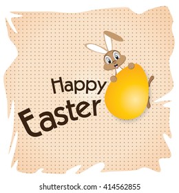 Easter bunny with Big gold egg on a white paper. Happy Easter Day.