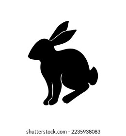 Easter bunny black silhouette. Hand drawn rabbit linocut icon. Vector illustartion isolated on white background. Easter rabbit silhouette for banner, print, card, logo design. Chinese symbol year 2023