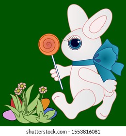 Easter bunny with a blue bow on his neck walks near the flowers, under which colored eggs lie, and holds a lollipop, vector clip art on a green background