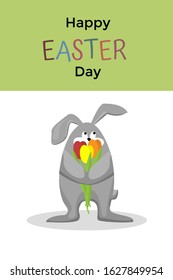 Easter bunny with bouquet of flowers on white background. Cute greeting card Happy Easter Day.