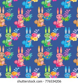 Easter bunny with a bouquet of flowers. Seamless pattern.