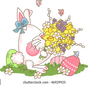 easter bunny with bouquet of spring flowers