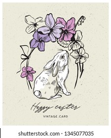 Easter bunny with a bouquet of violets. Vintage card. Vector illustration – Vector