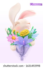 Easter bunny with a bouquet of wildflowers. 3d vector plasticine art object