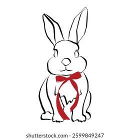 Easter bunny with bow in hand drawn coquette style. Vintage cute animal in simple crayon and sketch style. Trendy art for invitation and banner for holidays. Doodle vector illustration