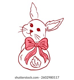 Easter bunny with bow in hand drawn coquette style. Spring cute animal in simple sketch style. Vintage girly decoration. Whimsical vector illustration, for invitation and banner for holidays.