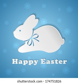 Easter bunny with bow on blue background, illustration.