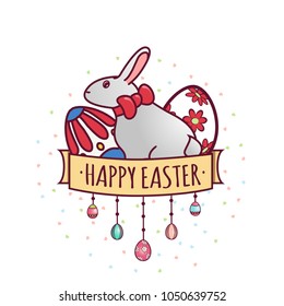 Easter bunny with a bow on neck and two painted eggs Linear pattern in a flat style. On a white background with a pattern of small circles. Vector illustration.
