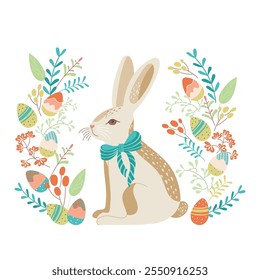 Easter bunny with bow and plant decor with eggs. Happy easter design element Trendy design for typography, card, flyers. Hand painted plants, eggs and rabbit in pastel colors. Vector flat illustration