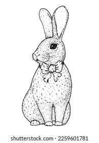 Conejo de Pascua con sketch de corbata de arco. Ilustración vectorial dibujada a mano. Un lindo conejito de Pascua sentado. Pequeña liebre. Estilo grabado