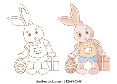 Easter bunny with a box and an egg. Children's, vector illustration for a coloring book.