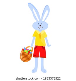 Easter bunny boy hold basket with colorful eggs. Kid is preparing for Easter. Vector cartoon illustration for Happy Easter