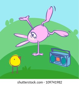 Easter Bunny brake dancing on green grass. Chicken listening to music / Easter Pic-nic