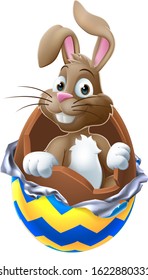 The Easter Bunny breaking out of a chocolate Easter egg cartoon