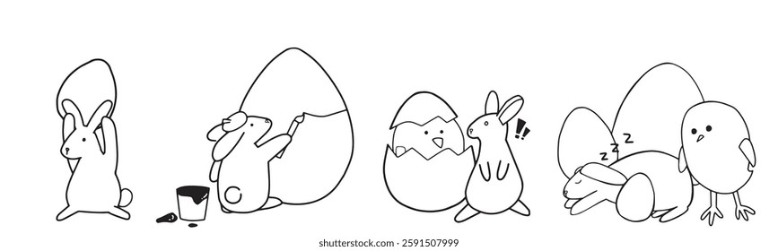 Easter bunny bring an egg. Easter bunny drawing an egg for decoration. Rabbit shock on egg hatch.Sleep tired. Chick stare on sleeping rabbit lineart