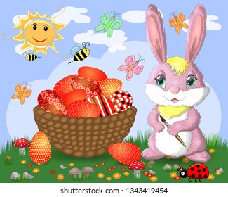 Easter bunny with a brush paints huge Easter egg on glade, the sun, butterflies, spring. Copy space