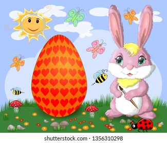 Easter bunny with a brush paints huge Easter egg on glade, the sun, butterflies, spring. Copy space