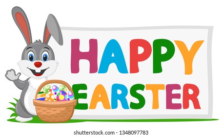 Easter Bunny with a bucket of colored eggs. Greeting card.