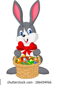 Easter bunny with bucket of eggs.