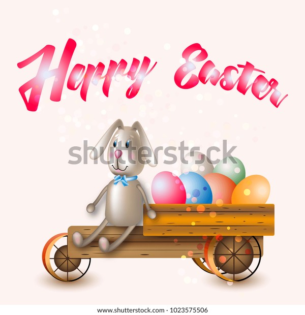 Easter Bunny by car Easter eggs and background\
with the lettering happy\
Easter
