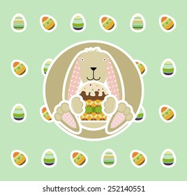Easter bunny with cakes on the background of Easter eggs