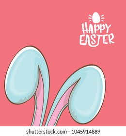 easter bunny with calligraphic text happy easter isolated on pink background. vector easter greeting card with blue rabbits ears