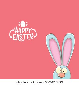 easter bunny with calligraphic text happy easter isolated on pink background. vector easter greeting card with blue rabbits ears